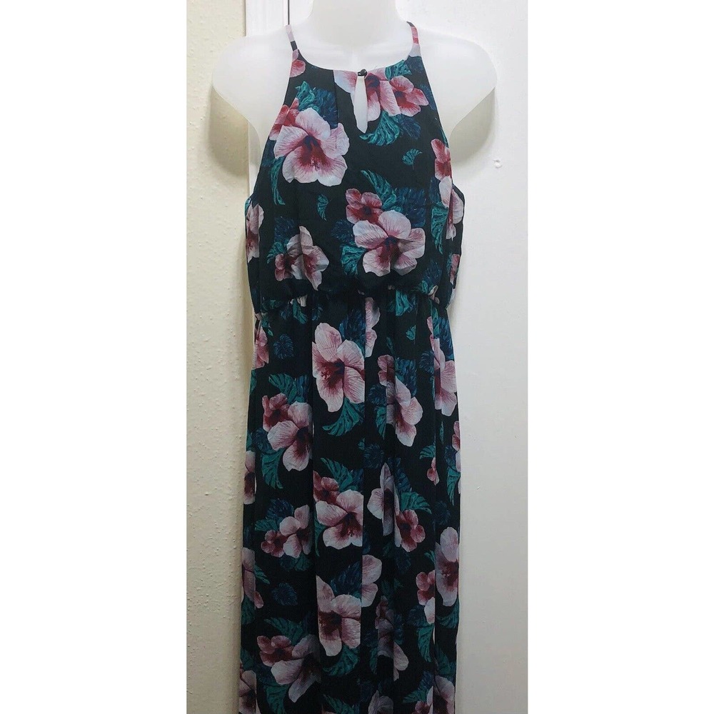 Mi Ami Sz M Maxi Dress Black Purple Floral Summer Beach Cover Up Semi Sheer F2